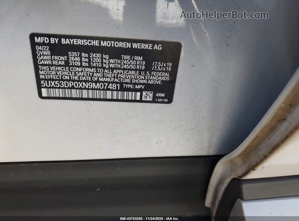 5UX53DP0XN9M07481 2022 BMW X3 White Widok komory silnika