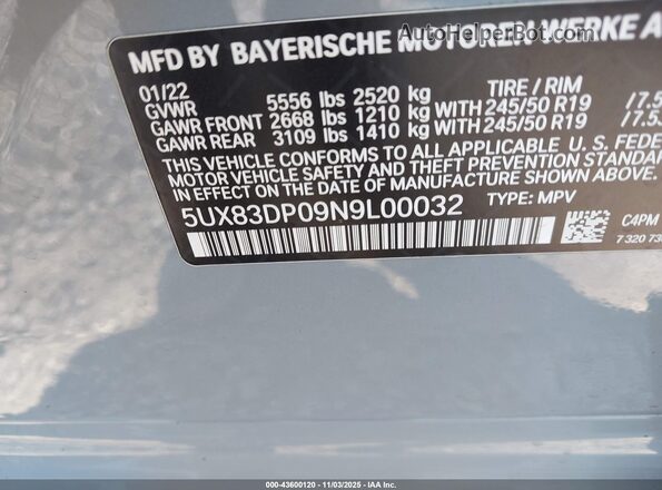 5UX83DP09N9L00032 2022 BMW X3 Pewter Вид підкапотного простору
