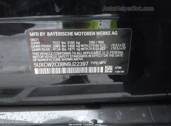 5UXCW2C08N9J22397 2022 BMW X7 Black Vista del compartimento del motor