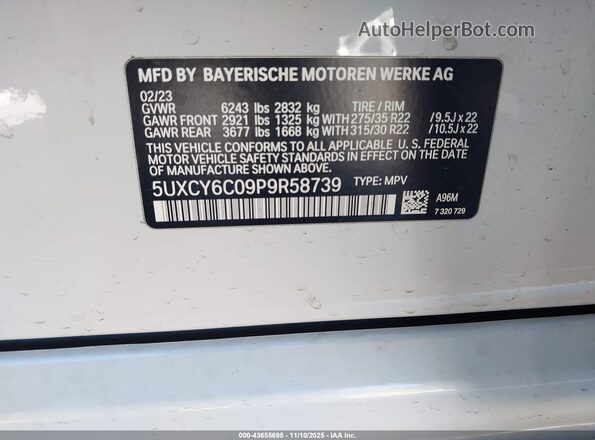 5UXCY6C09P9R58739 2023 BMW X6 White Вид підкапотного простору