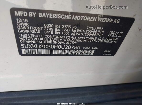 5UXKU2C30H0U28790 2017 BMW X6 Белый Вид подкапотного пространства