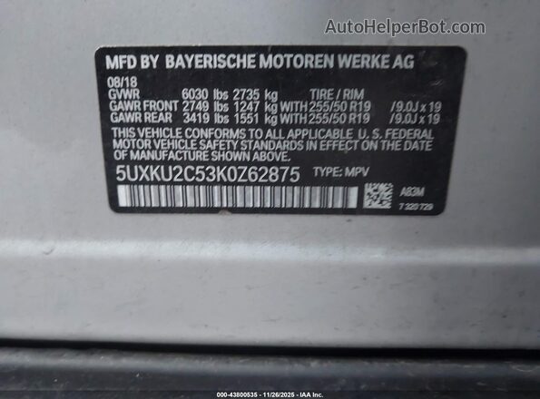 5UXKU2C53K0Z62875 2019 BMW X6 Silver Vista del compartimento del motor