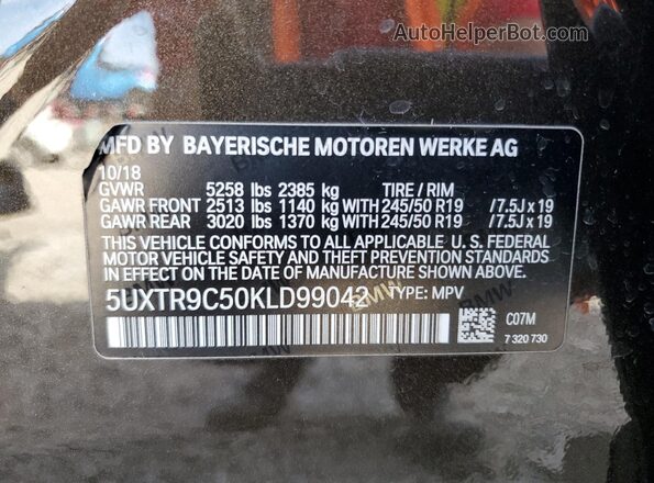 5UXTR9C50KLD99042 2019 BMW X3 Зеленый Вид наклейки с VIN-кодом