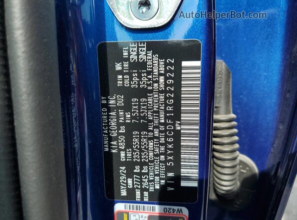 5XYK6CDF1RG229222 2024 KIA SPORTAGE Blue Widok naklejki z numerem VIN