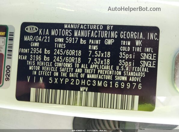 5XYP2DHC3MG169976 2021 KIA TELLURIDE Белый Вид подкапотного пространства