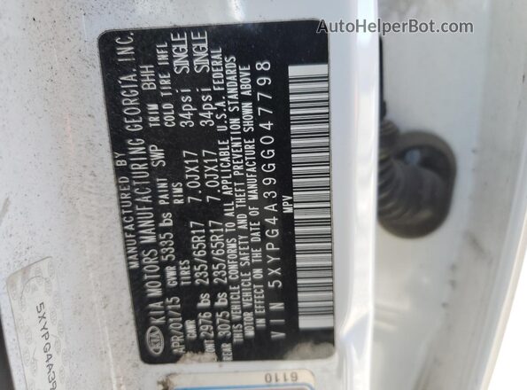 5XYPG4A39GG047798 2016 KIA SORENTO White Widok naklejki z numerem VIN