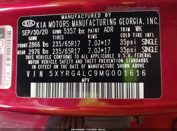 5XYRG4LC9MG001616 2021 KIA SORENTO Красный Вид подкапотного пространства