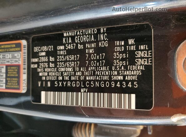 5XYRGDLC5NG094345 2022 KIA SORENTO Черный Панорамный вид салона 360°