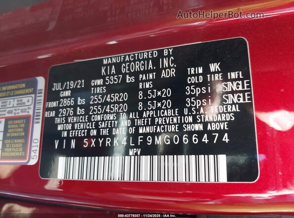 5XYRK4LF9MG066474 2021 KIA SORENTO Темно-бордовый Вид подкапотного пространства