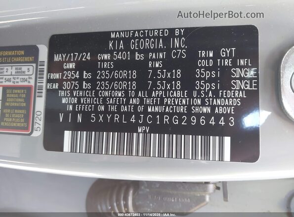 5XYRL4JC1RG296443 2024 KIA SORENTO Серый Вид подкапотного пространства