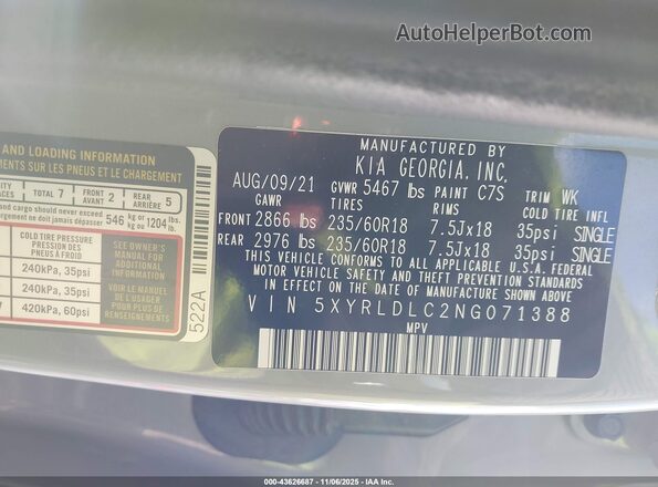 5XYRLDLC2NG071388 2022 KIA SORENTO Gray Շարժիչի բաժամունքի տեսք