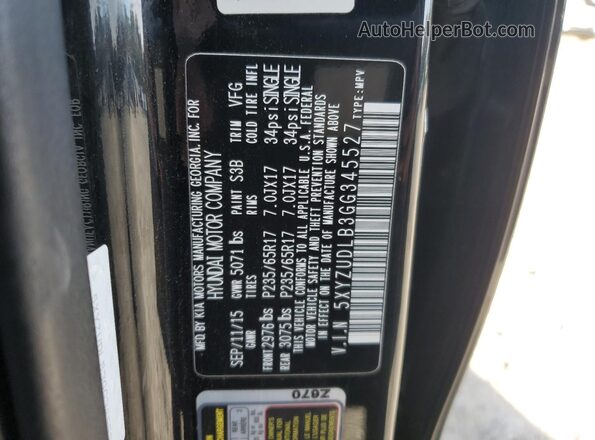 5XYZUDLB3GG345527 2016 HYUNDAI SANTA Черный Вид наклейки с VIN-кодом