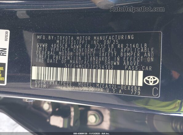 5YFS4MCE7TP254102 2026 TOYOTA LL Синий Вид подкапотного пространства