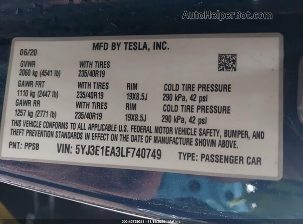 5YJ3E1EA3LF740749 2020 TESLA MODEL 3 Синий Вид подкапотного пространства