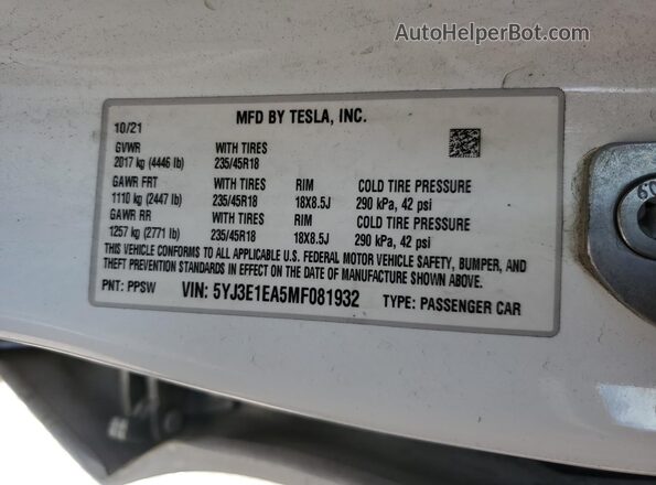 5YJ3E1EA5MF081932 2021 TESLA MODEL Белый Вид наклейки с VIN-кодом