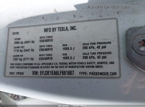5YJ3E1EA6LF661687 2020 TESLA MODEL 3 White Widok komory silnika
