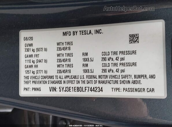 5YJ3E1EB0LF744234 2020 TESLA MODEL 3 Серый Вид подкапотного пространства
