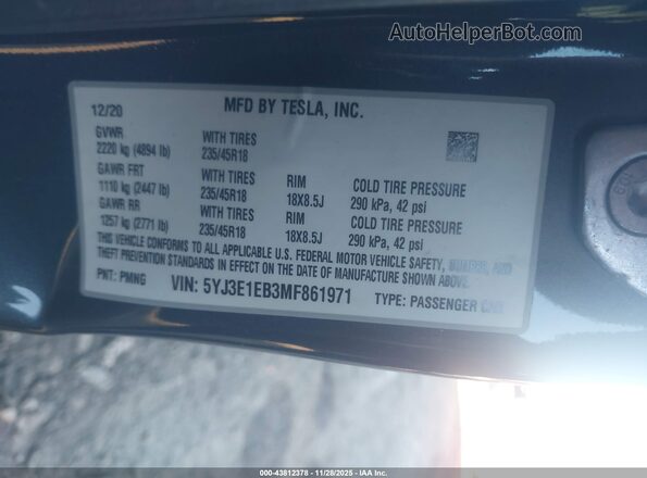 5YJ3E1EB3MF861971 2021 TESLA MODEL 3 Серый Вид подкапотного пространства