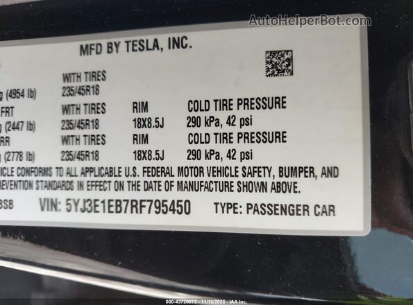 5YJ3E1EB7RF795450 2024 TESLA MODEL 3 Black VIN կոդի պիտակի տեսք