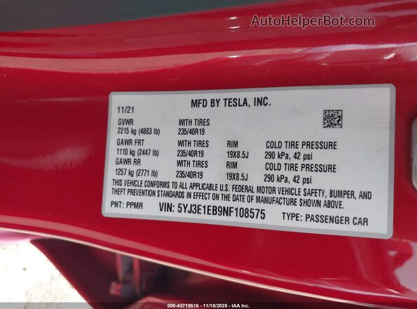 5YJ3E1EB9NF108575 2022 TESLA MODEL 3 Красный Вид подкапотного пространства