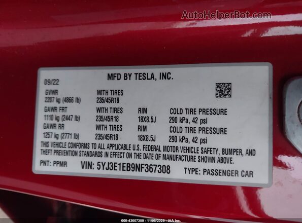 5YJ3E1EB9NF367308 2022 TESLA MODEL 3 Красный Вид подкапотного пространства