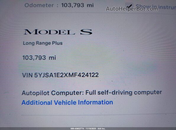 5YJSA1E2XMF424122 2021 TESLA MODEL S Белый 
