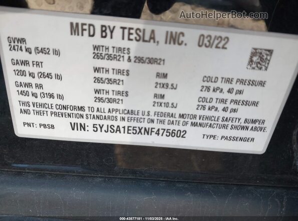5YJSA1E5XNF475602 2022 TESLA MODEL S Black Widok komory silnika