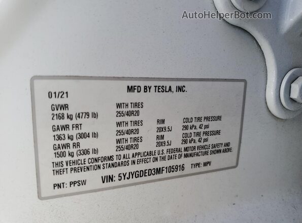 5YJYGDED3MF105916 2021 TESLA MODEL White Widok komory silnika