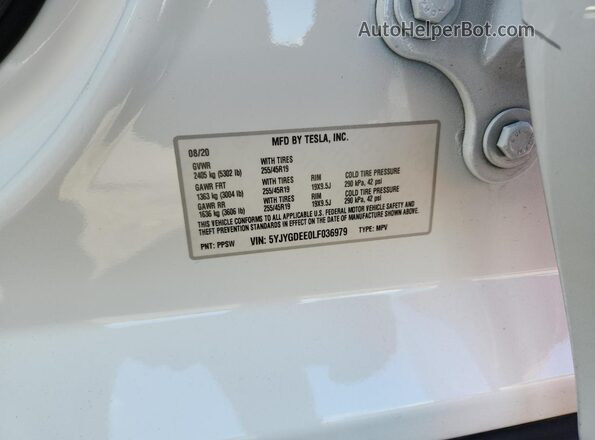 5YJYGDEE0LF036979 2020 TESLA MODEL Белый Вид наклейки с VIN-кодом