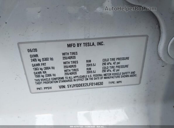 5YJYGDEE2LF014630 2020 TESLA MODEL Y White Շարժիչի բաժամունքի տեսք