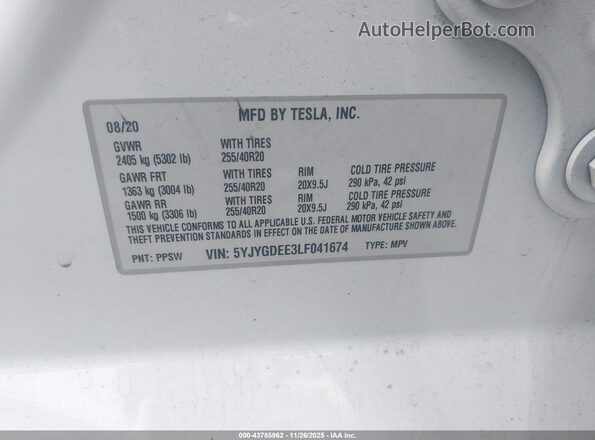 5YJYGDEE3LF041674 2020 TESLA MODEL Y White Շարժիչի բաժամունքի տեսք