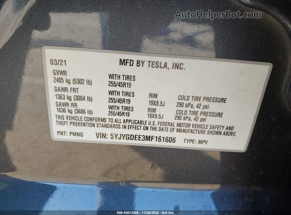 5YJYGDEE3MF161606 2021 TESLA MODEL Y Gray Вид підкапотного простору