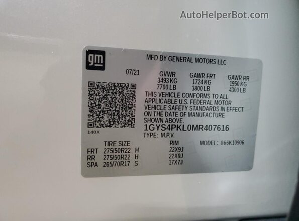 1GYS4PKL0MR407616 2021 CADILLAC ESCALADE Белый Панорамный вид салона 360°