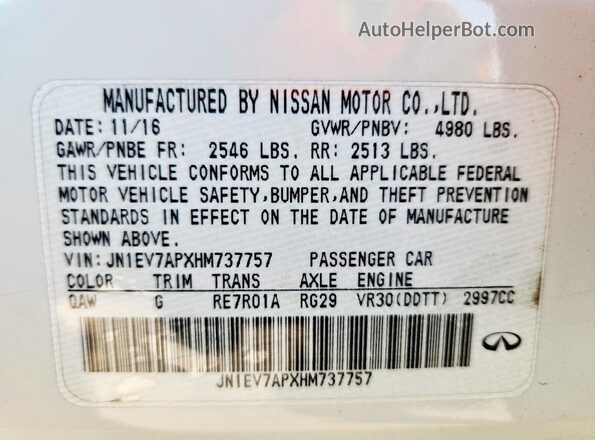 JN1EV7APXHM737757 2017 INFINITI Q50 Белый Вид наклейки с VIN-кодом
