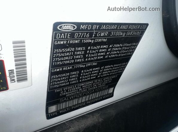 SALWR2EF0GA107068 2016 LAND ROVER RANGE ROVER Белый Вид задней части салона