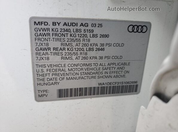 WA1DECF31S1062696 2025 AUDI Q3 Белый Панорамный вид салона 360°