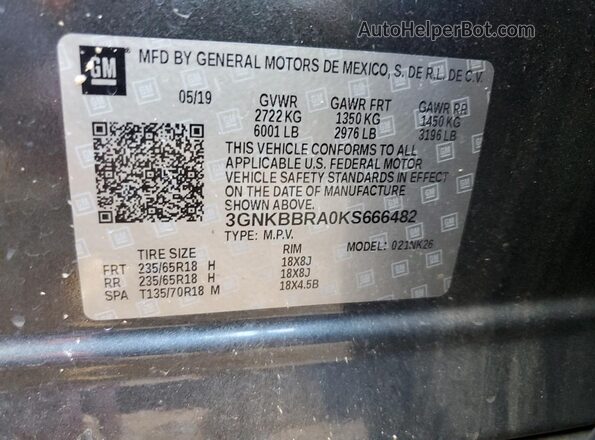 3GNKBBRA0KS666482 2019 CHEVROLET BLAZER Серый Панорамный вид салона 360°