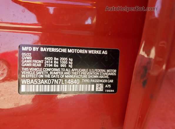 WBA53AK07N7L14840 2022 BMW OTHER Красный Вид наклейки с VIN-кодом