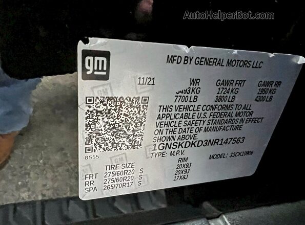 1GNSKDKD3NR147563 2022 CHEVROLET SUBURBAN Black Widok wnętrza z tyłu