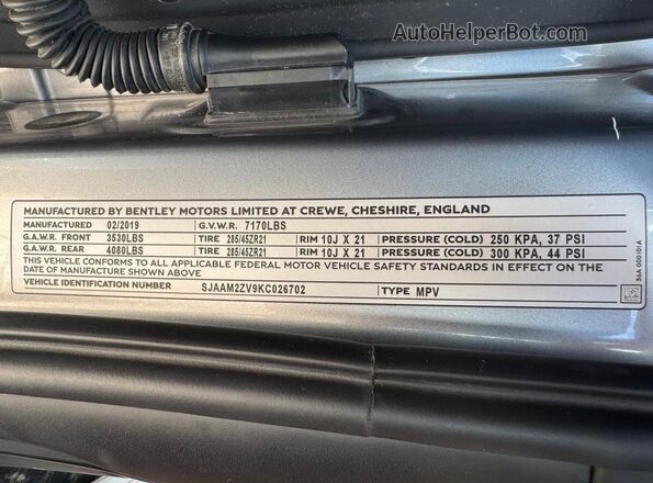 SJAAM2ZV9KC026702 2019 BENTLEY ALL MODELS Угольный 