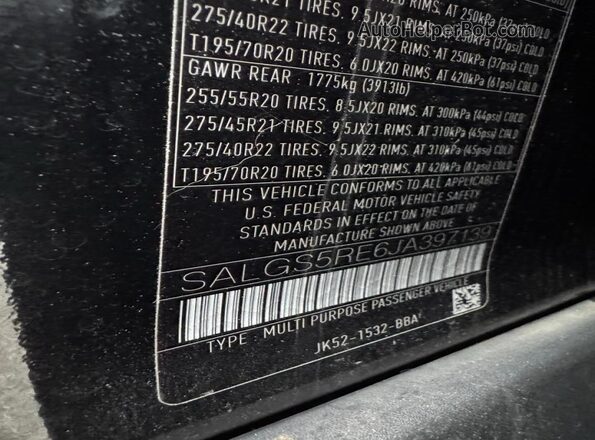 SALGS5RE6JA397139 2018 LAND ROVER RANGE Черный Вид задней части салона