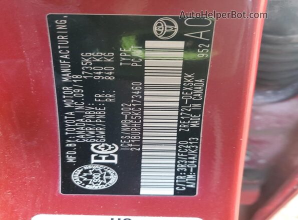 2T1BURHE5KC173460 2019 TOYOTA LL Красный Вид наклейки с VIN-кодом