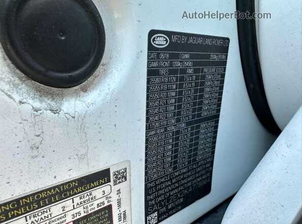 SALYL2EX2KA778964 2019 LAND ROVER RANGE ROVER White Widok wnętrza z tyłu