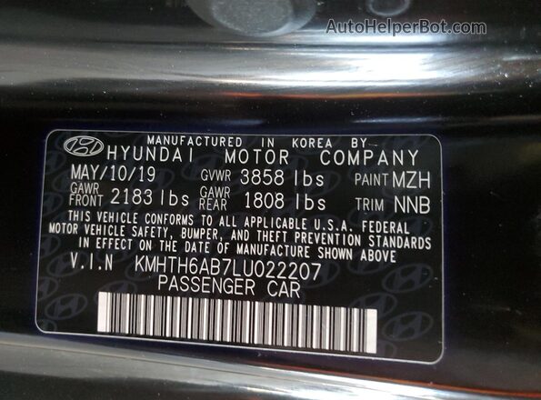 KMHTH6AB7LU022207 2020 HYUNDAI VELOSTER Черный Вид наклейки с VIN-кодом