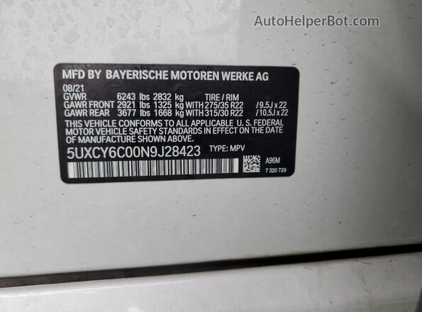 5UXCY6C00N9J28423 2022 BMW X6 Белый Панорамный вид салона 360°