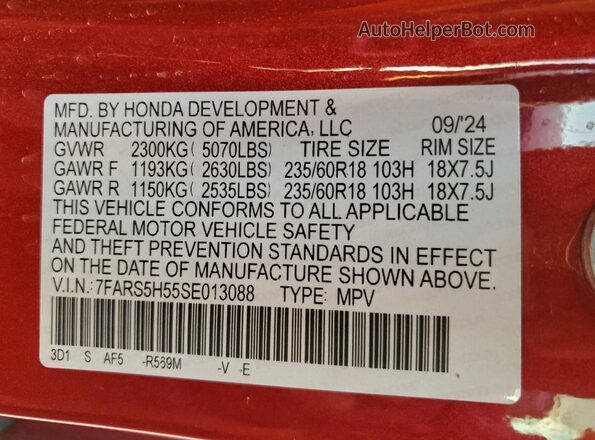 7FARS5H55SE013088 2025 HONDA CR-V Красный Вид наклейки с VIN-кодом