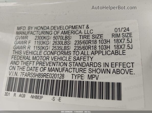 7FARS5H89RE020128 2024 HONDA CR-V HYBRID White Вид підкапотного простору