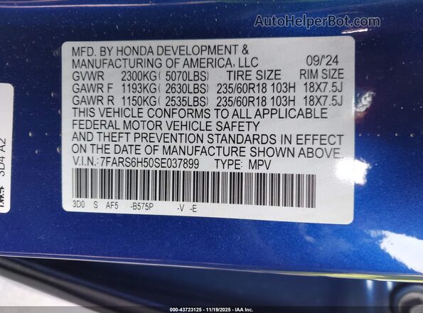 7FARS6H50SE037899 2025 HONDA CR-V HYBRID Blue Engine compartment view