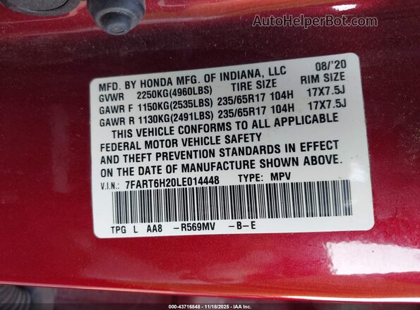7FART6H20LE014448 2020 HONDA CR-V HYBRID Red Вид підкапотного простору
