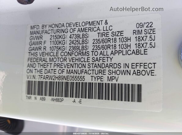 7FARW2H89NE055555 2022 HONDA CR-V White Вид підкапотного простору